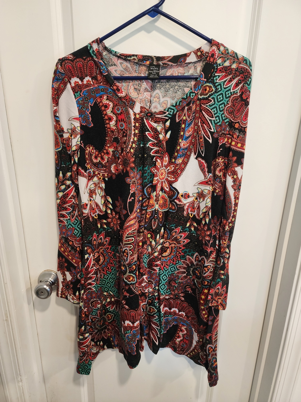 WinWin Paisley Flare-Bottom Tunic in Black Red, Teal, Orange L-XL